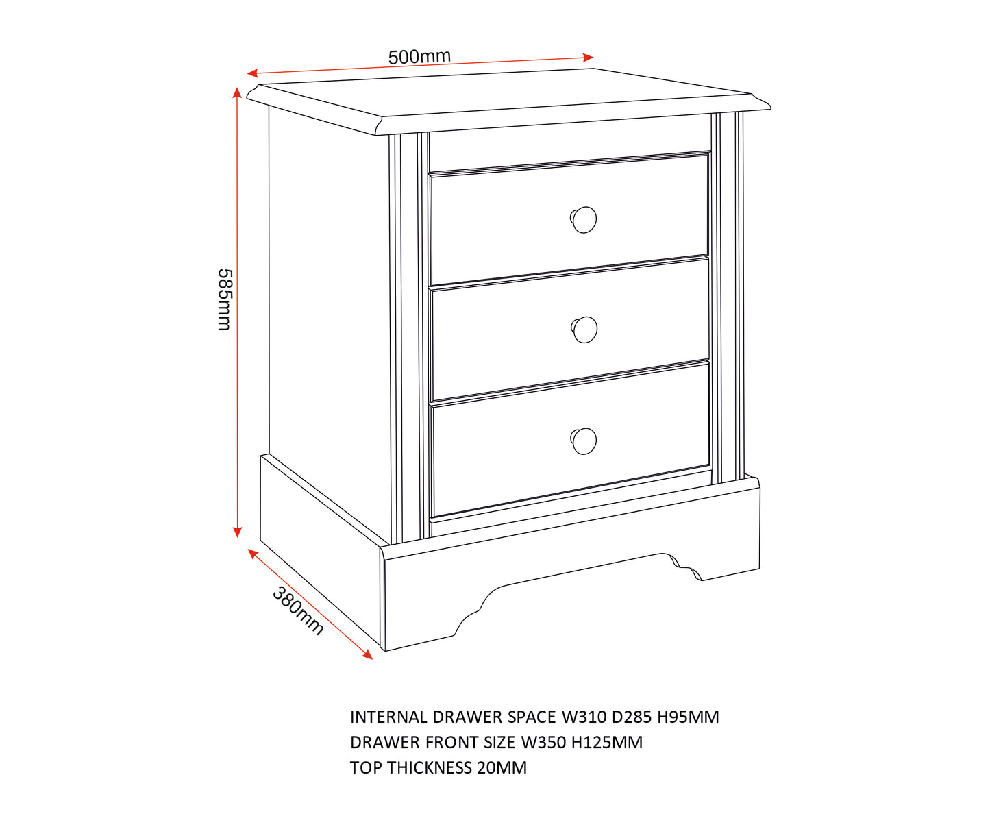 Stratford 3 Drawer Bedside