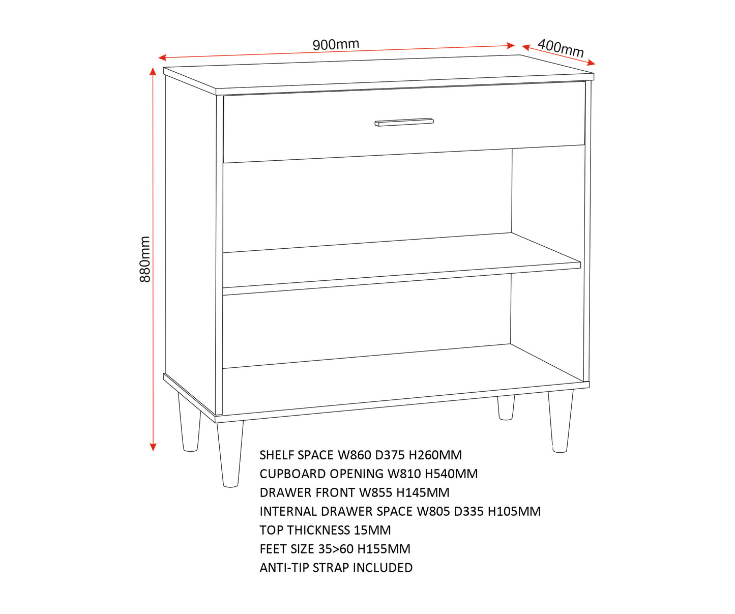 Tessa 2 Door 1 Drawer Sideboard