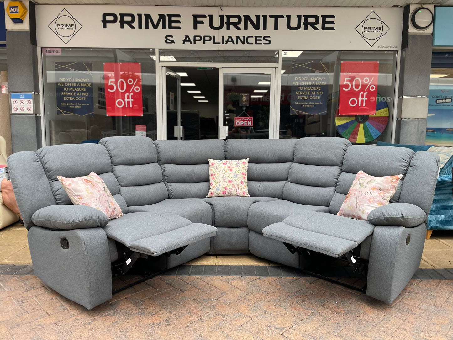 Barry Lux Recliner Corner Sofa 2C2 - Double Drop Down Drink Holders - Grey Fabric