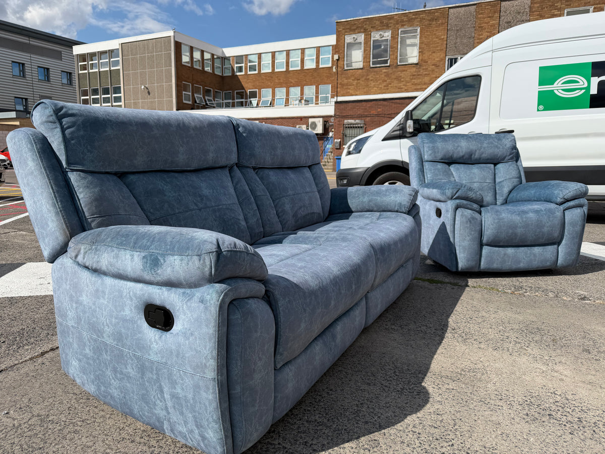 Blue Fabric Recliner 3 Seater Sofa & Armchair Set #U1359