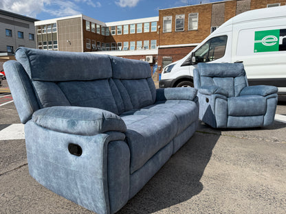 Blue Fabric Recliner 3 Seater Sofa & Armchair Set #U1359