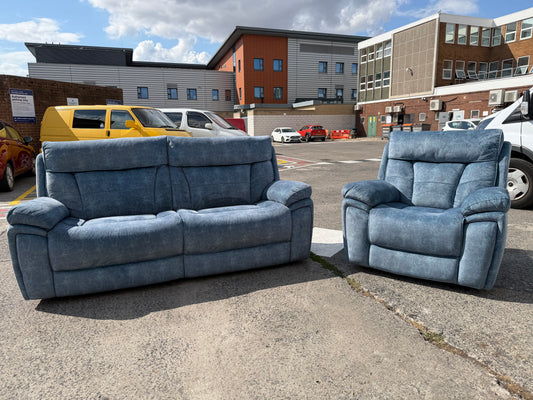 Blue Fabric Recliner 3 Seater Sofa & Armchair Set #U1359