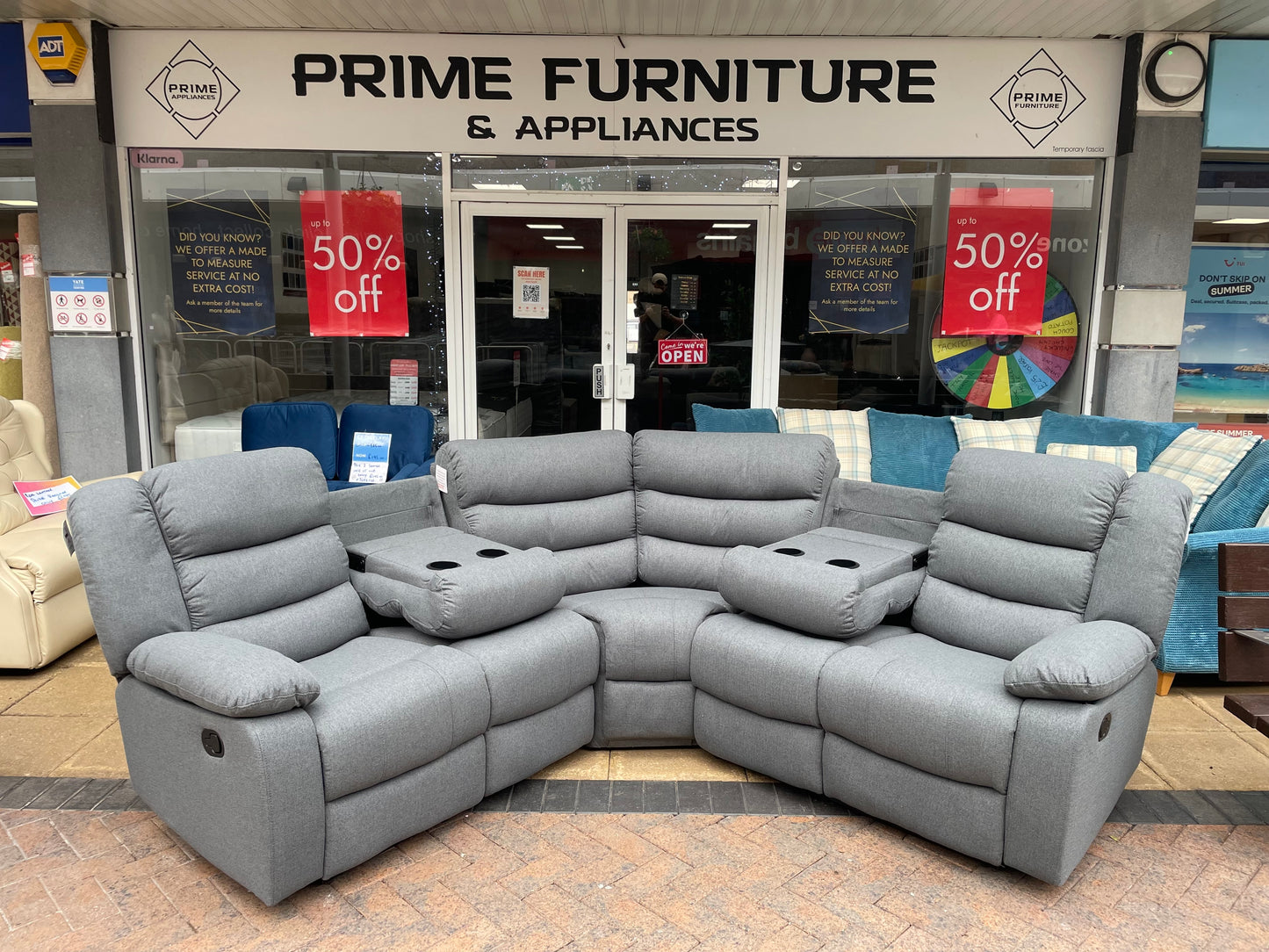 Barry Lux Recliner Corner Sofa 2C2 - Double Drop Down Drink Holders - Grey Fabric