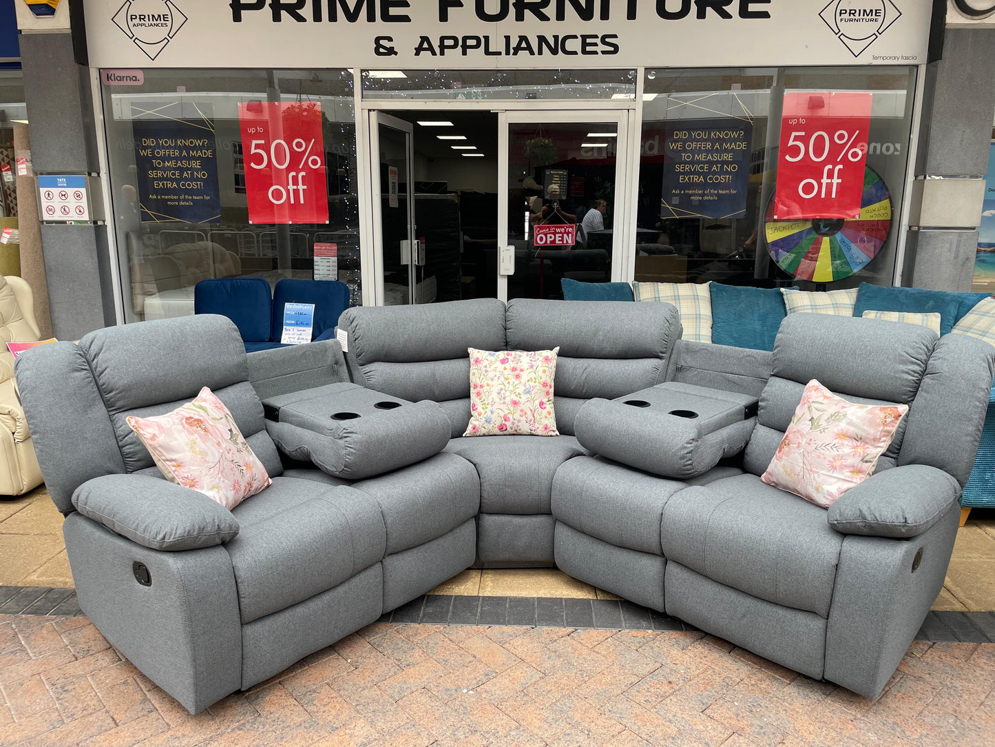 Barry Lux Recliner Corner Sofa 2C2 - Double Drop Down Drink Holders - Grey Fabric