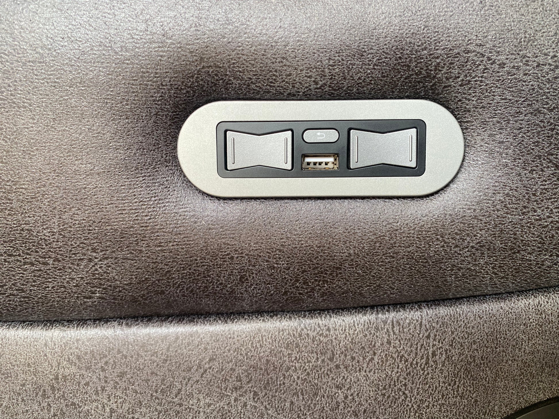 Lotus modular power recliner in grey faux suede, detail view