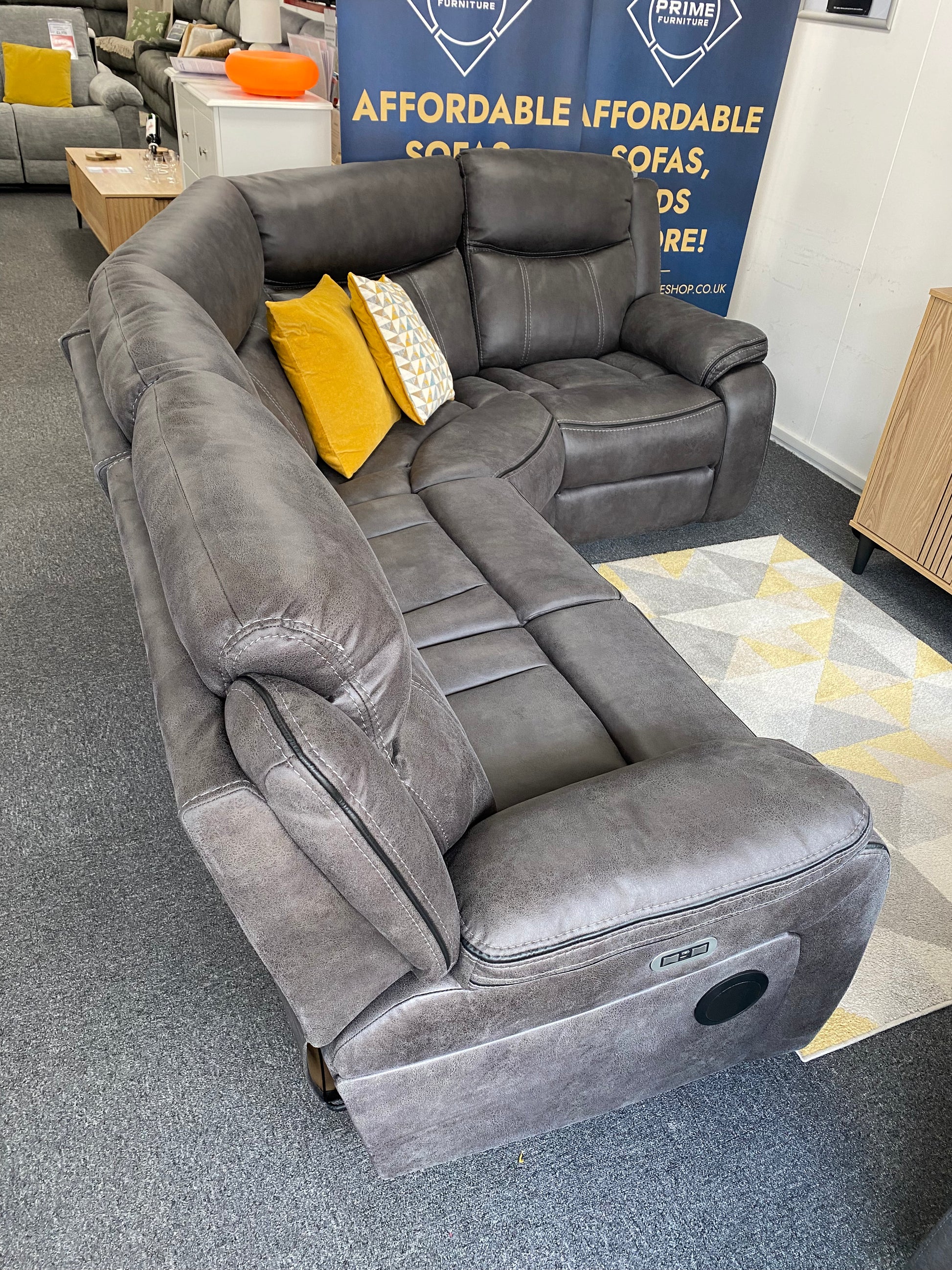 Lotus L-shaped corner power recliner sofa without console, low angle view