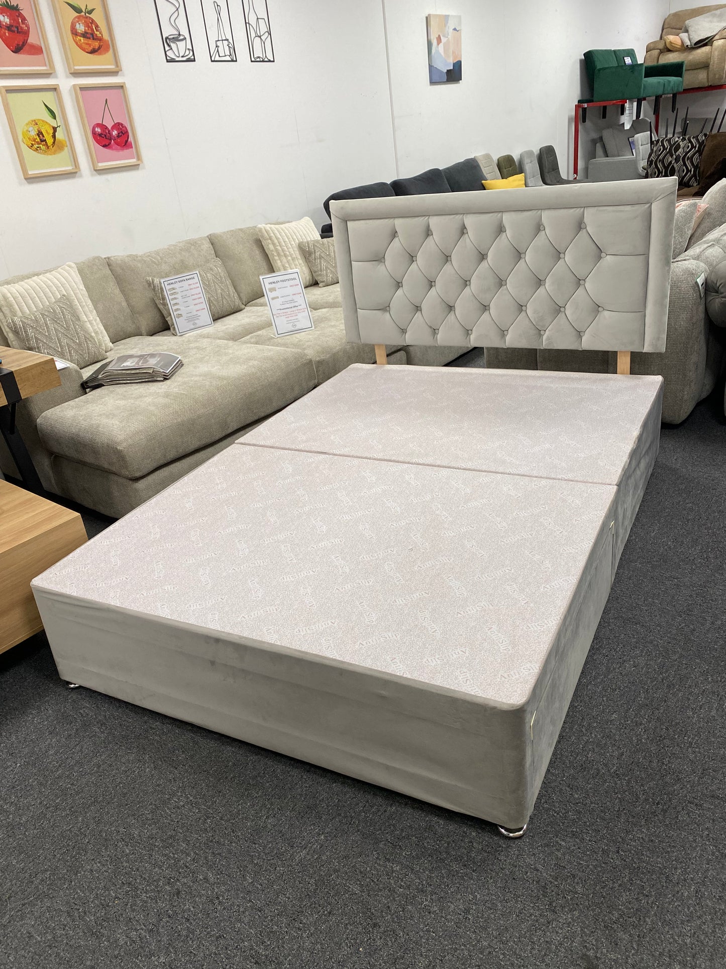 Plush Silver Double Divan Bed Base with Headboard #U1375