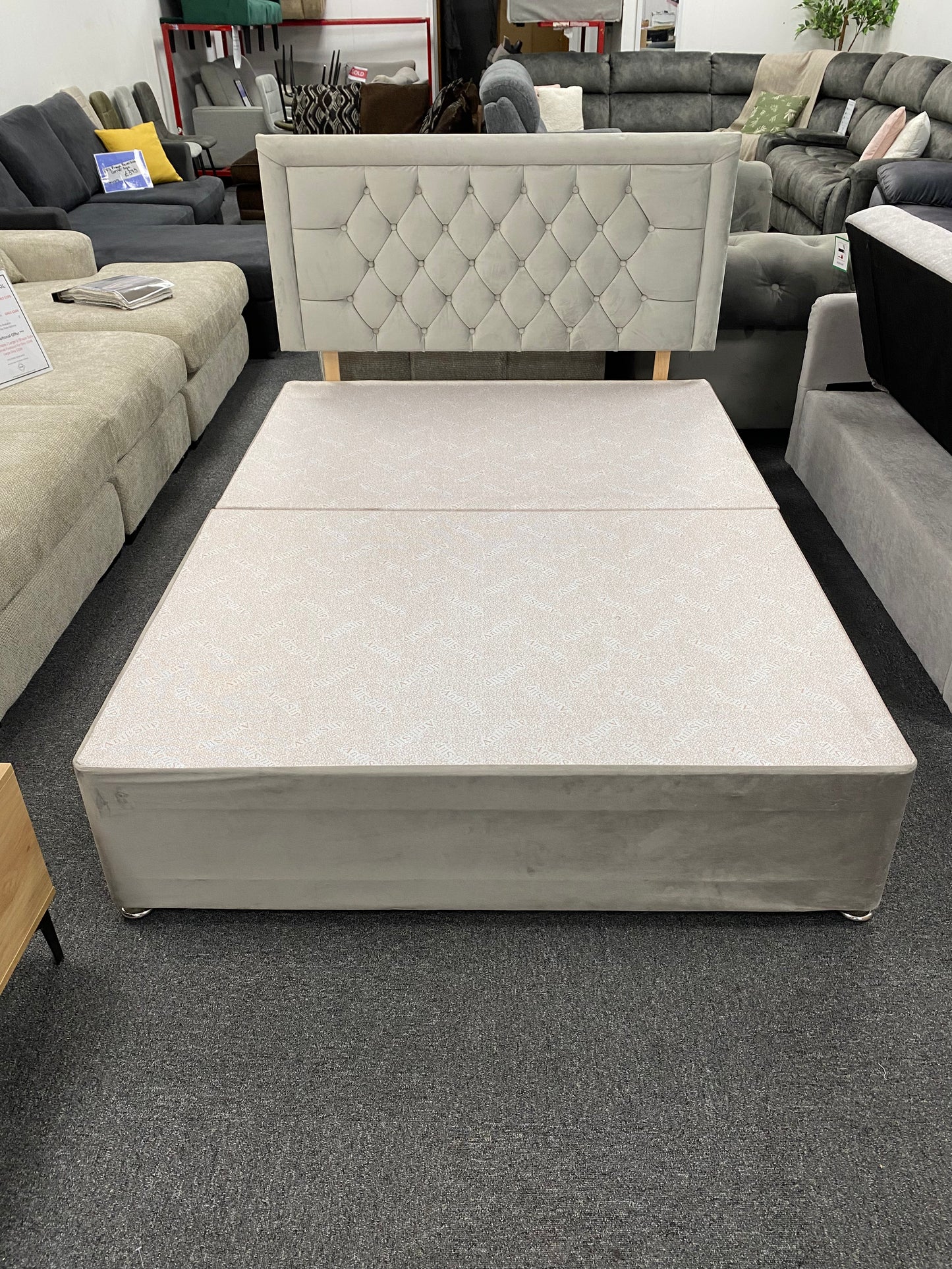 Plush Silver Double Divan Bed Base with Headboard #U1375