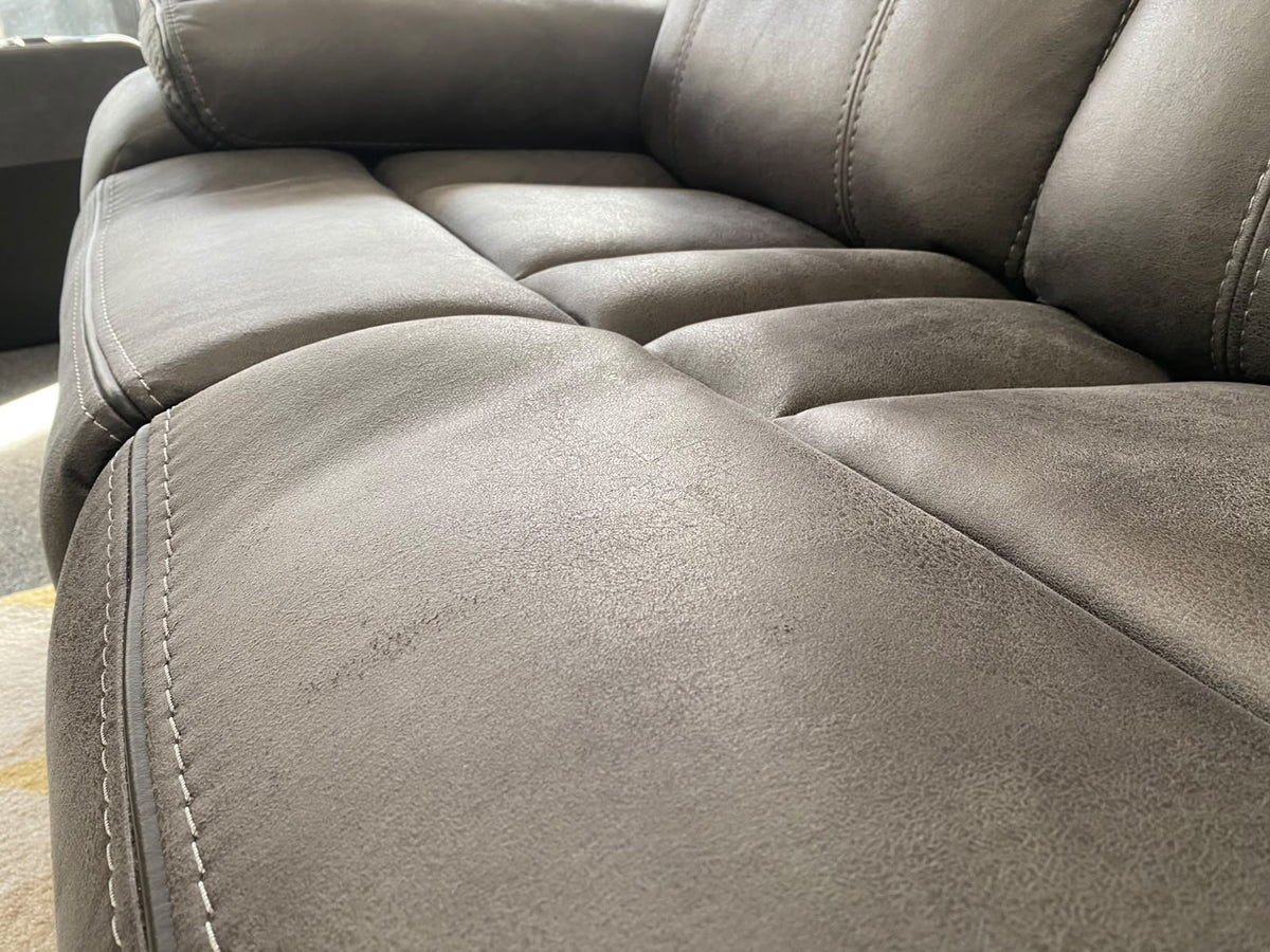 Close-up of Lotus grey faux suede seat cushions and contrast stitching